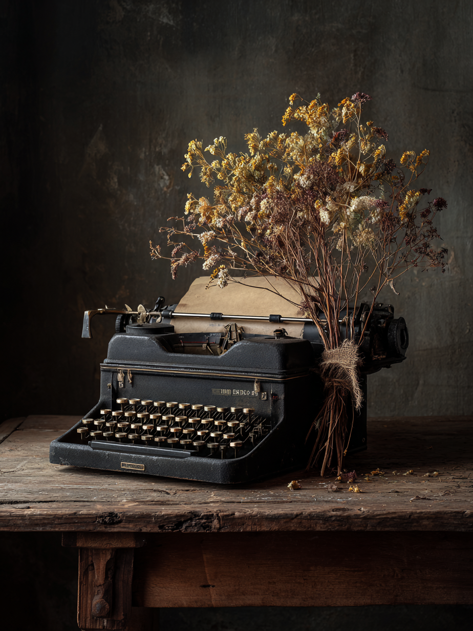 Volledig kunstwerk Stem van Papier met stilleven van typemachine en bloemen in aardse tinten