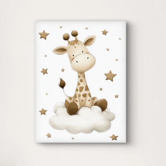 Illustratie van een giraffe zittend op een wolk met gouden sterren op witte achtergrond