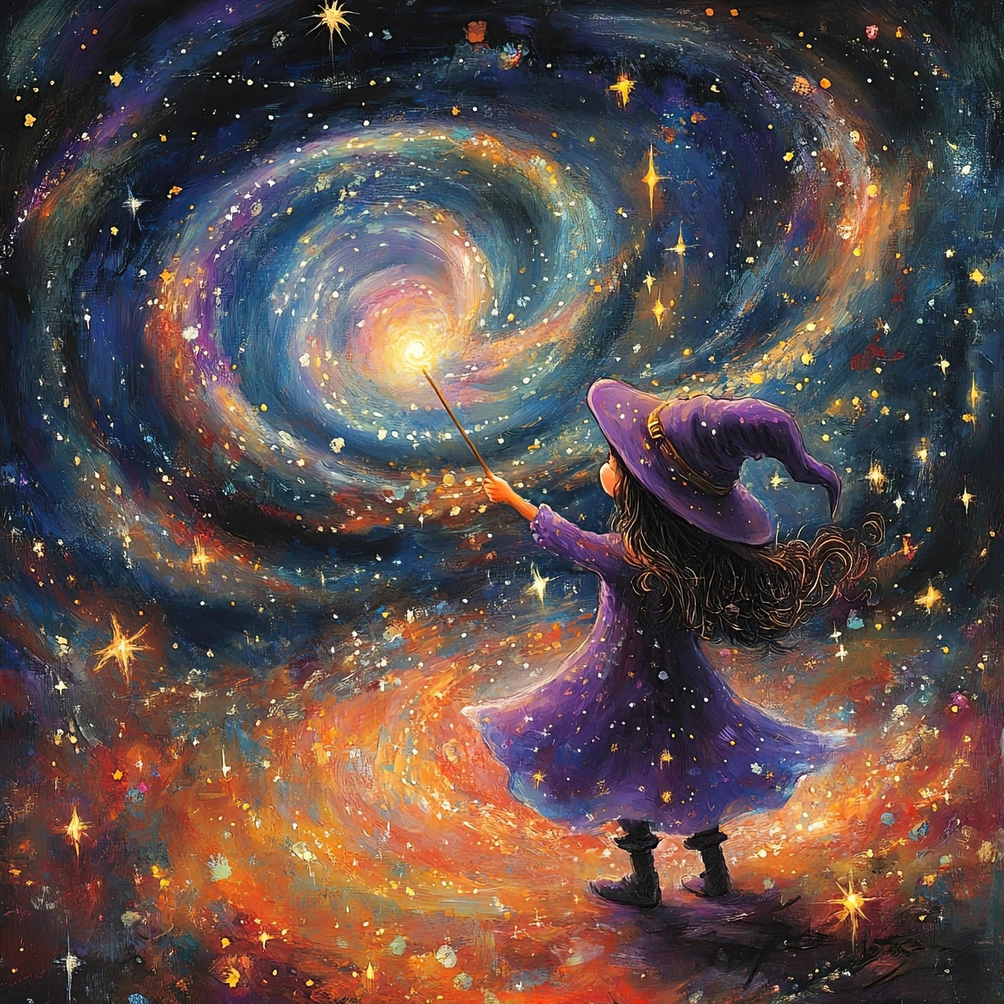 Digitale kunst van een kindertovenaar in paarse kleding die sterren en spiraalnevel aanraakt in het heelal