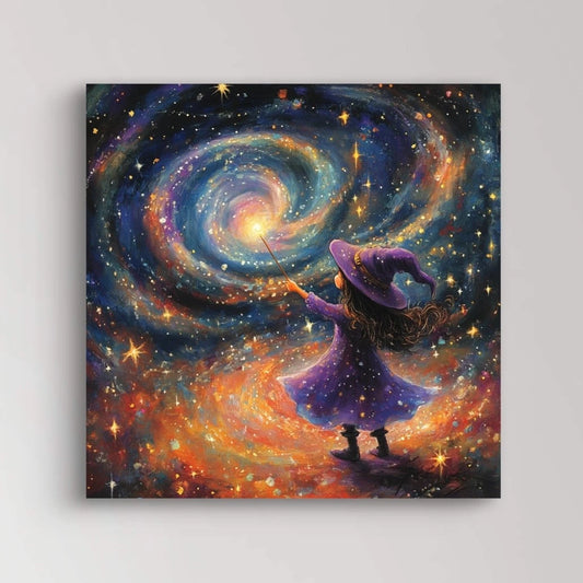 Illustratie van een kind in paarse cape en hoed die met sterren danst onder een kleurrijke sterrennevel