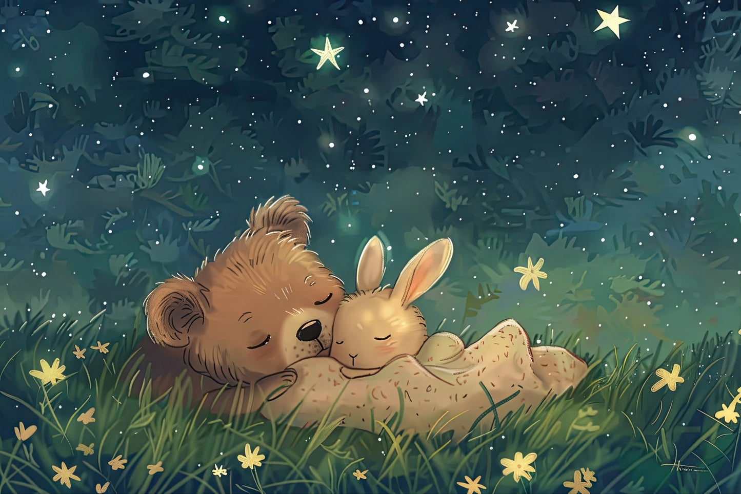 Digitale kunst van een knuffelende beer en konijn liggend in het gras onder sterrenlicht