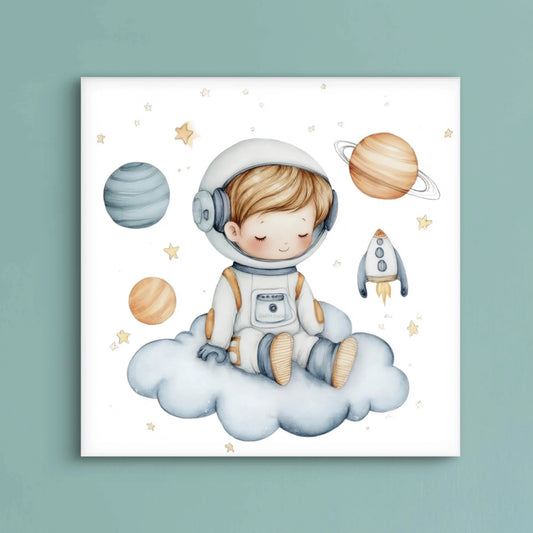 Illustratie van jongen in ruimtepak die droomt op een wolk tussen planeten en gouden sterren