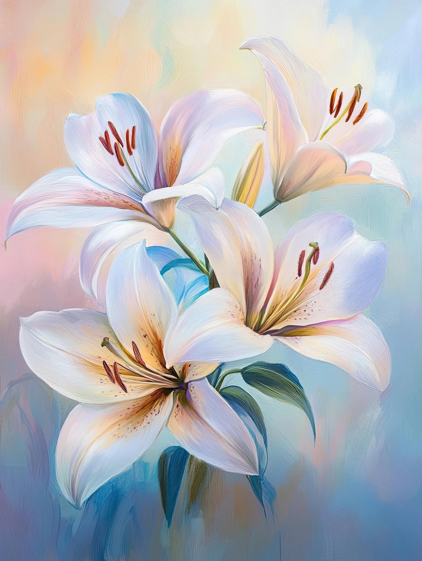 Volledig kunstwerk met openbloeiende lelies in pastelkleuren op een dromerige achtergrond van licht