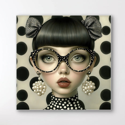 Detail van Stippenstorm met meisje met bril vol stippen, pareloorbellen en strik op een achtergrond van zwarte bollen