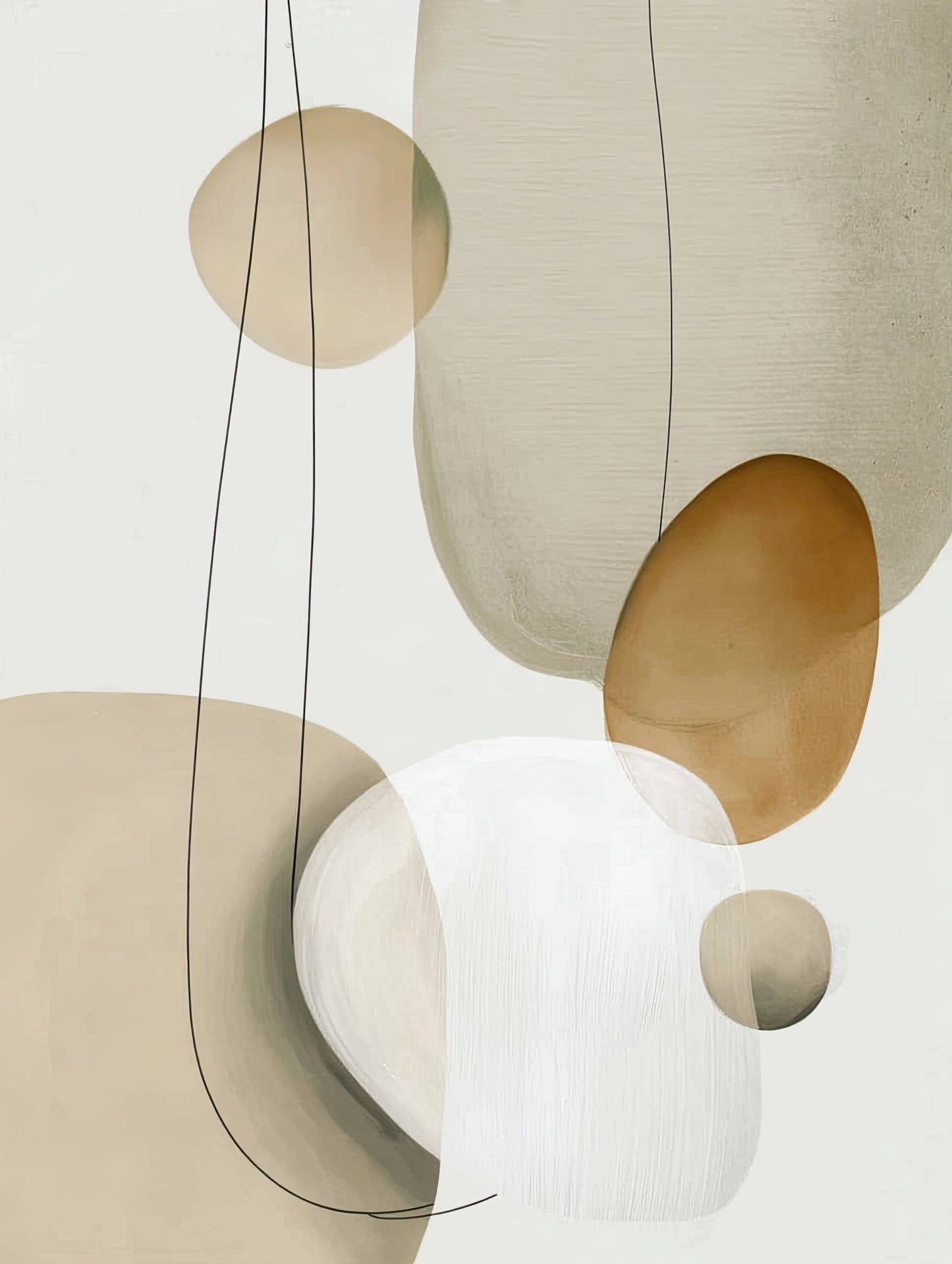 Volledige illustratie van abstract kunstwerk “Stof van de Dag” met ronde vormen in aardetinten en subtiele lijnen op een lichtgrijze achtergrond