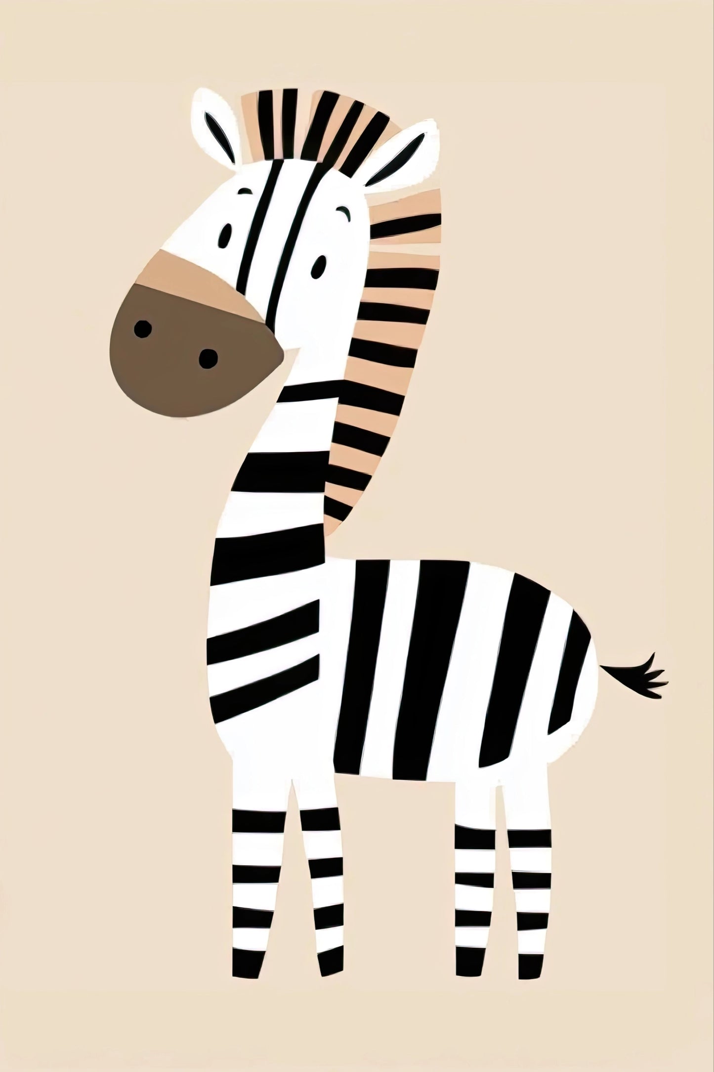 Minimalistische en kinderlijke tekening van een zwart-witte zebra op beige vlak