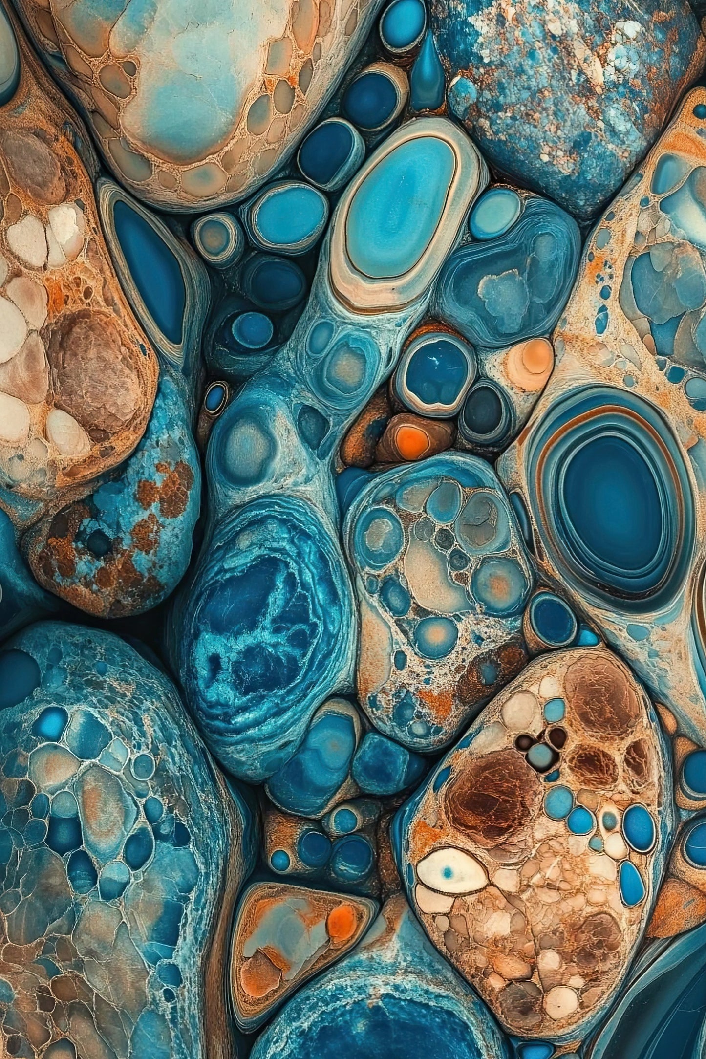 Abstract schilderij met afgeronde structuren en kleuren in turquoise, blauw, beige en koper