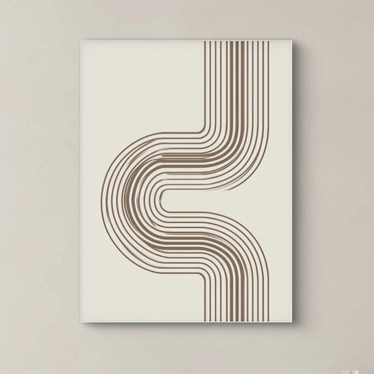 Detail van abstract lijnenspel in bruin op een beige achtergrond, met ritmische rondingen en grafisch patroon