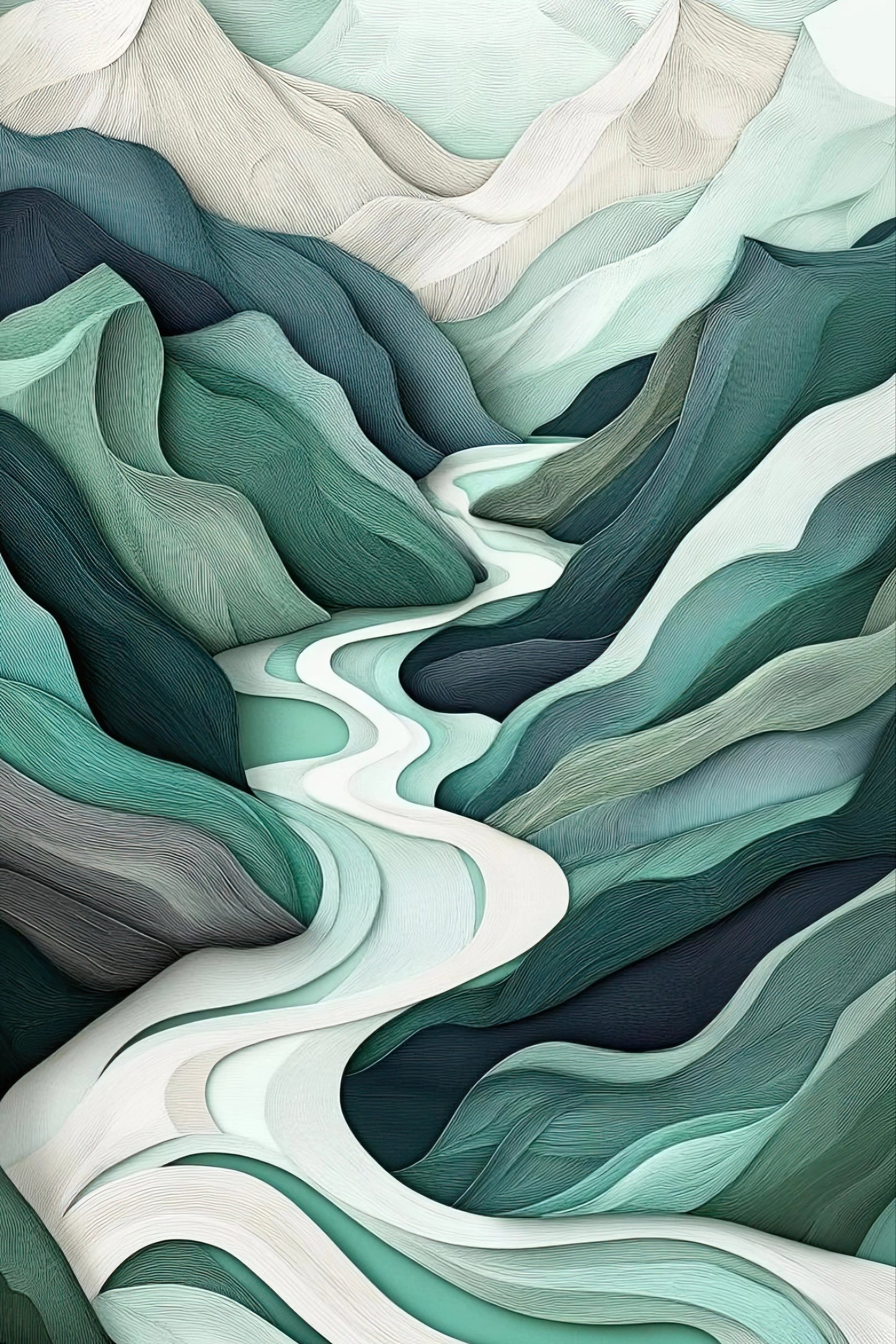 Volledig kunstwerk met abstracte bergen en een witte rivier, in lagen van groen en blauwgrijs