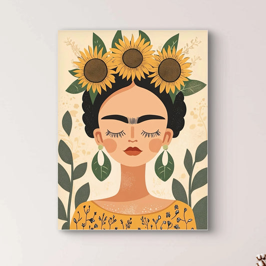 Detail van Sunlit Serenity met vrouw, zonnebloemen in haar haar, gesloten ogen en bladvormige oorbellen