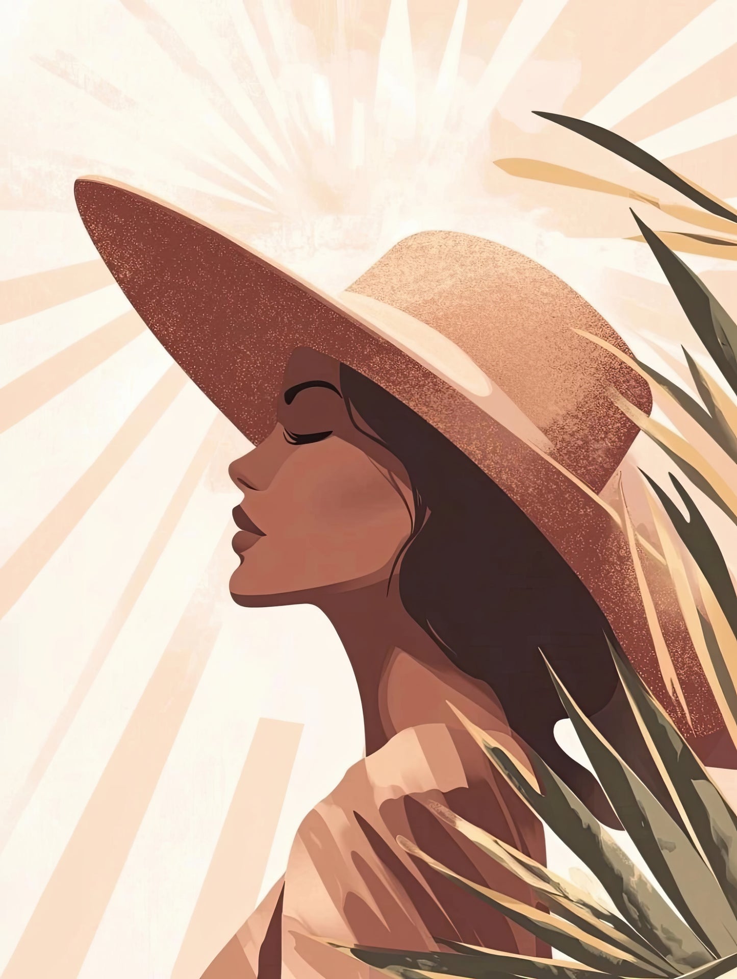 Volledige weergave van Sunlit Whisper, gestileerd portret van vrouw in zonlicht met natuurlijke uitstraling