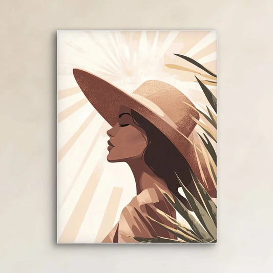 Detail van Sunlit Whisper met vrouw in profiel, grote hoed, en zonlicht op haar gezicht tussen palmbladeren