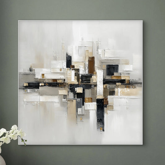 Detailopname van kunstwerk Symmetra met geometrische vormen in wit, beige en zwart