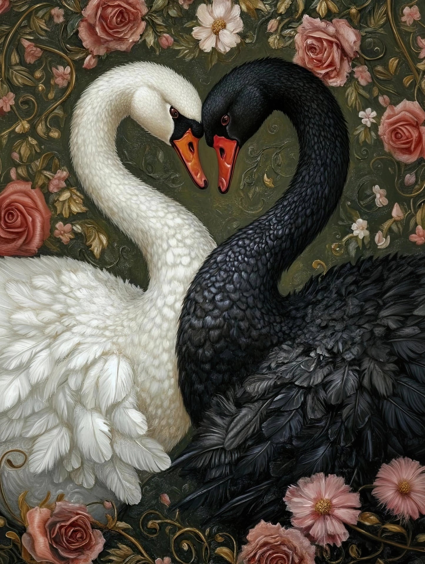 Kunstwerk van twee zwanen tegenover elkaar met romantische bloemen en rijke texturen