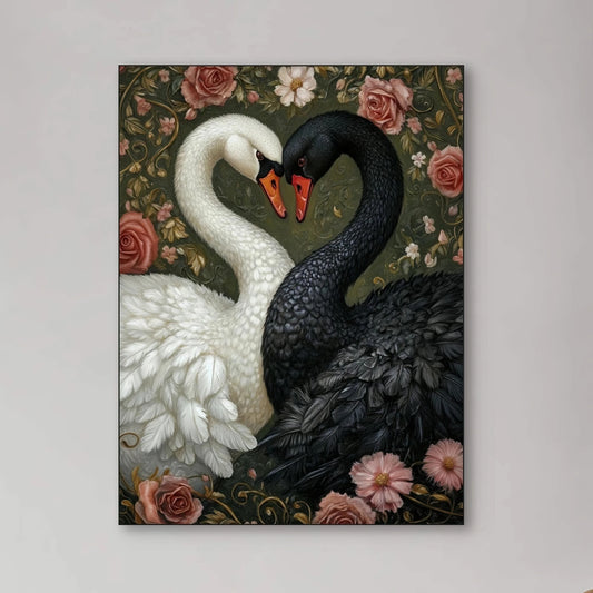 Detail van zwarte en witte zwaan met hartvormige nekken en bloemrijke achtergrond