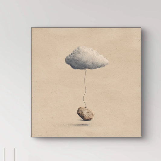 Minimalistisch kunstwerk Tegenwicht met een zwevende wolk die een steen omhoog houdt.