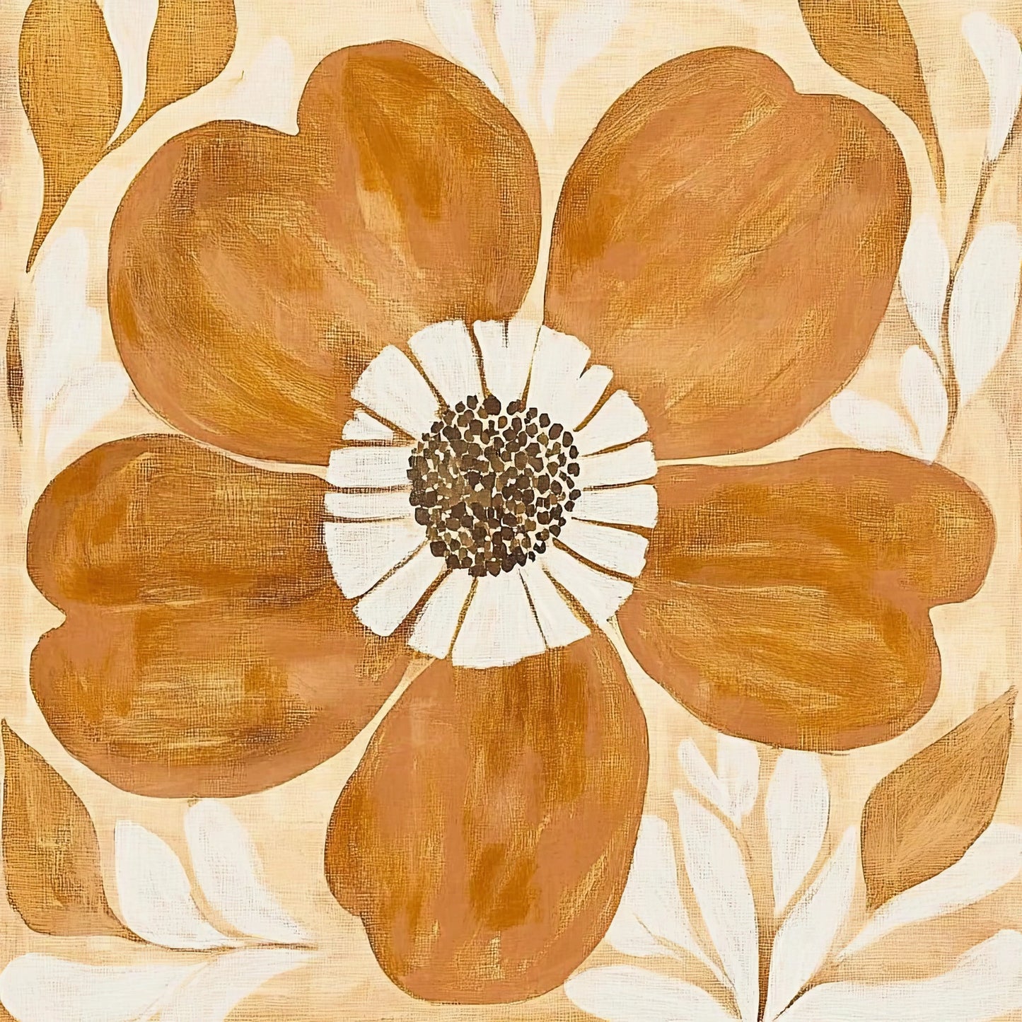 Kunstwerk van abstracte bloem in warme terratinten op lichte achtergrond met grafische bladeren