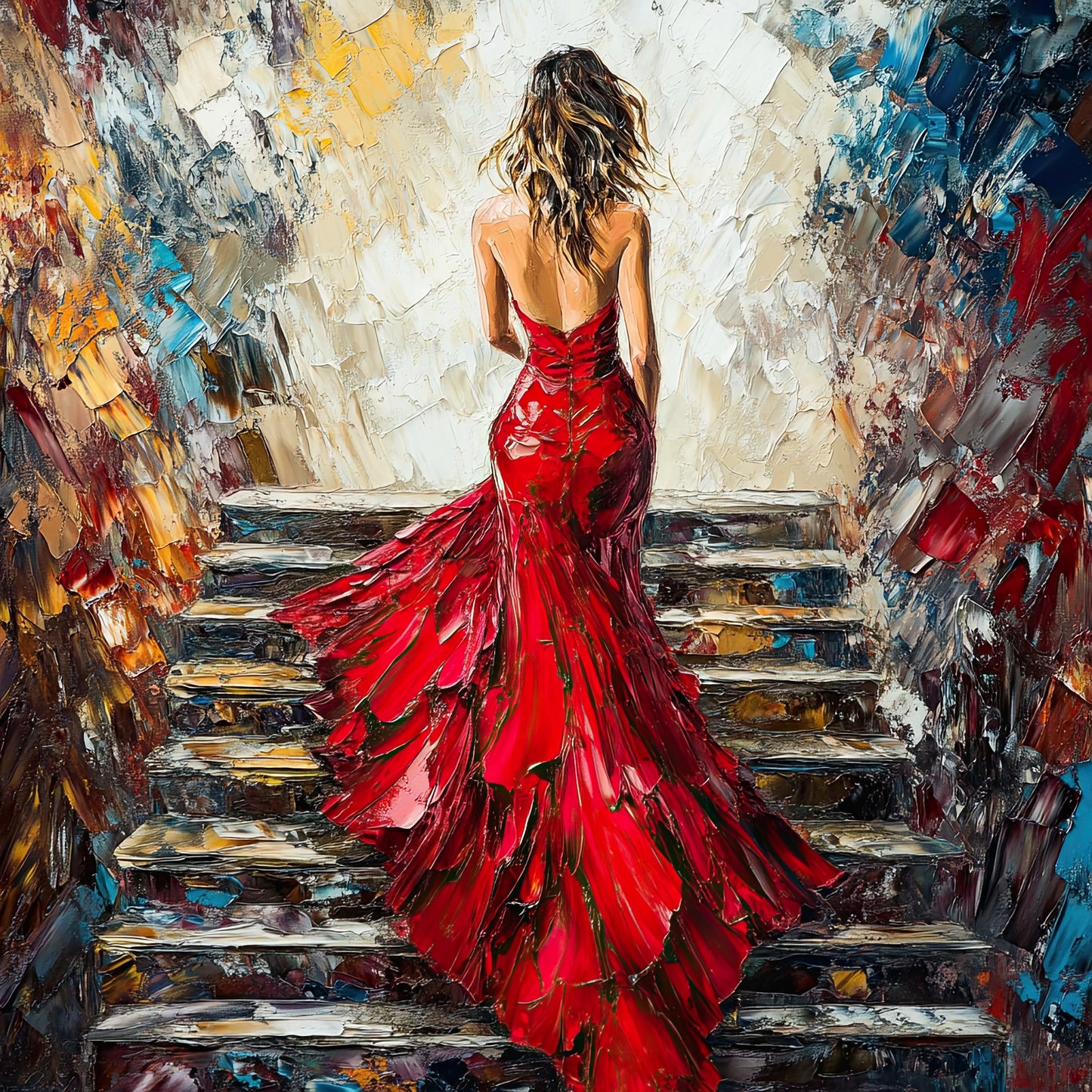 Volledige weergave van The Red Staircase, expressief schilderij van vrouw in rode jurk op een trap