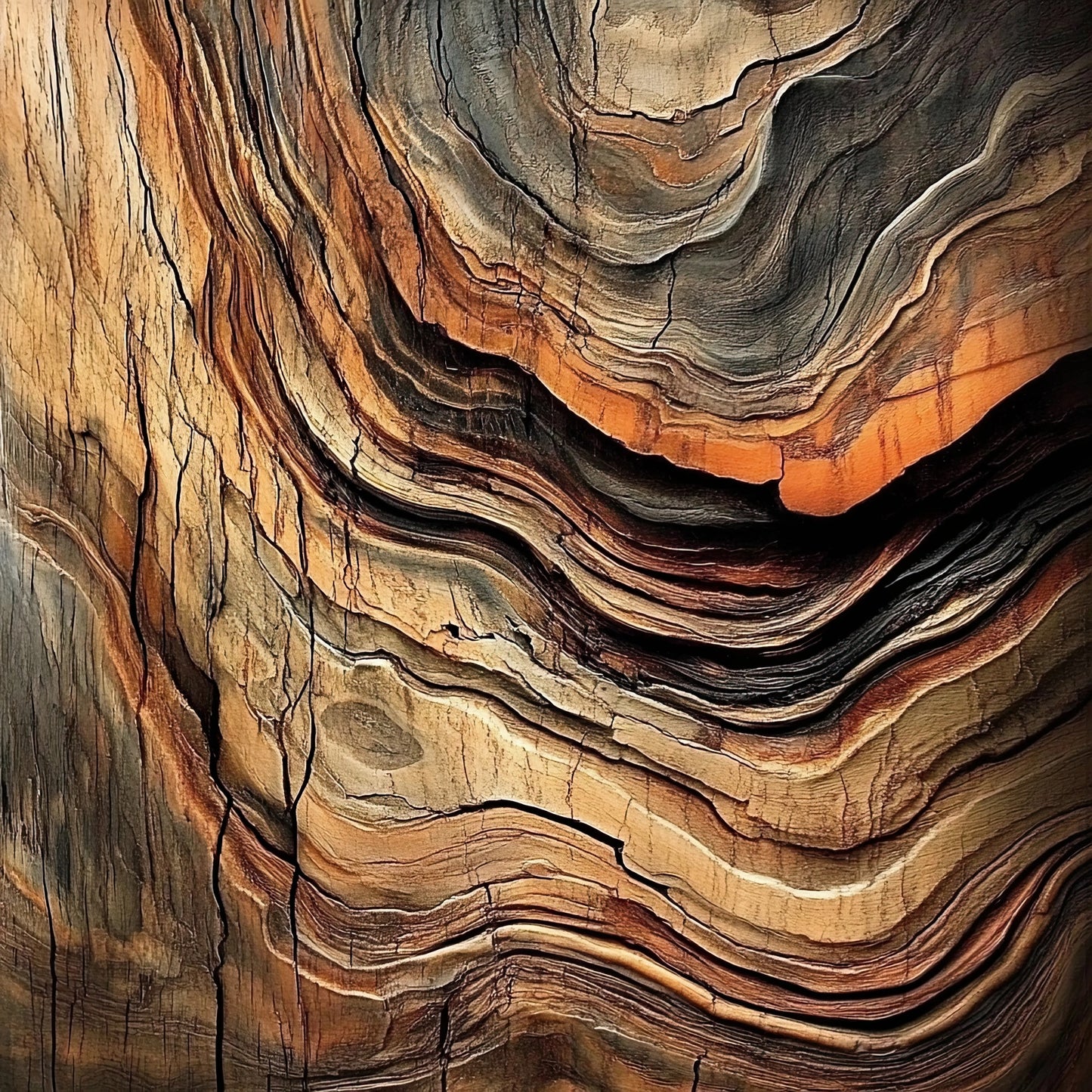 Abstract kunstwerk met gelaagde lijnen en aardse kleuren, geïnspireerd op geologische structuren