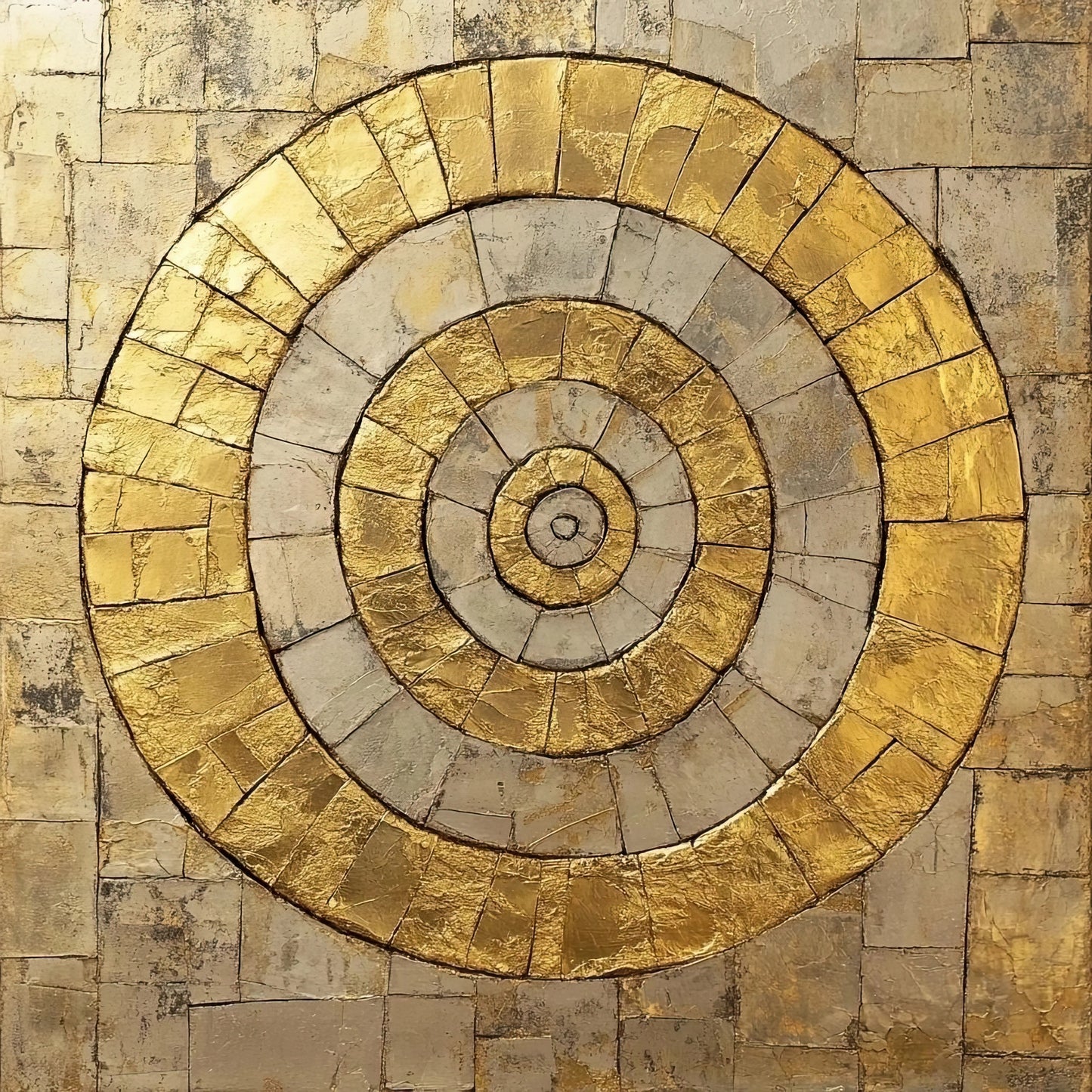 Abstract wandkunstwerk met goudkleurige concentrische cirkels en een robuuste stenen uitstraling