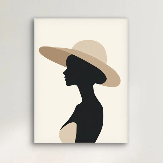 Detail van Tijdloze Schaduw met vrouw in profiel, grote hoed en gestileerde vormen in beige en zwart