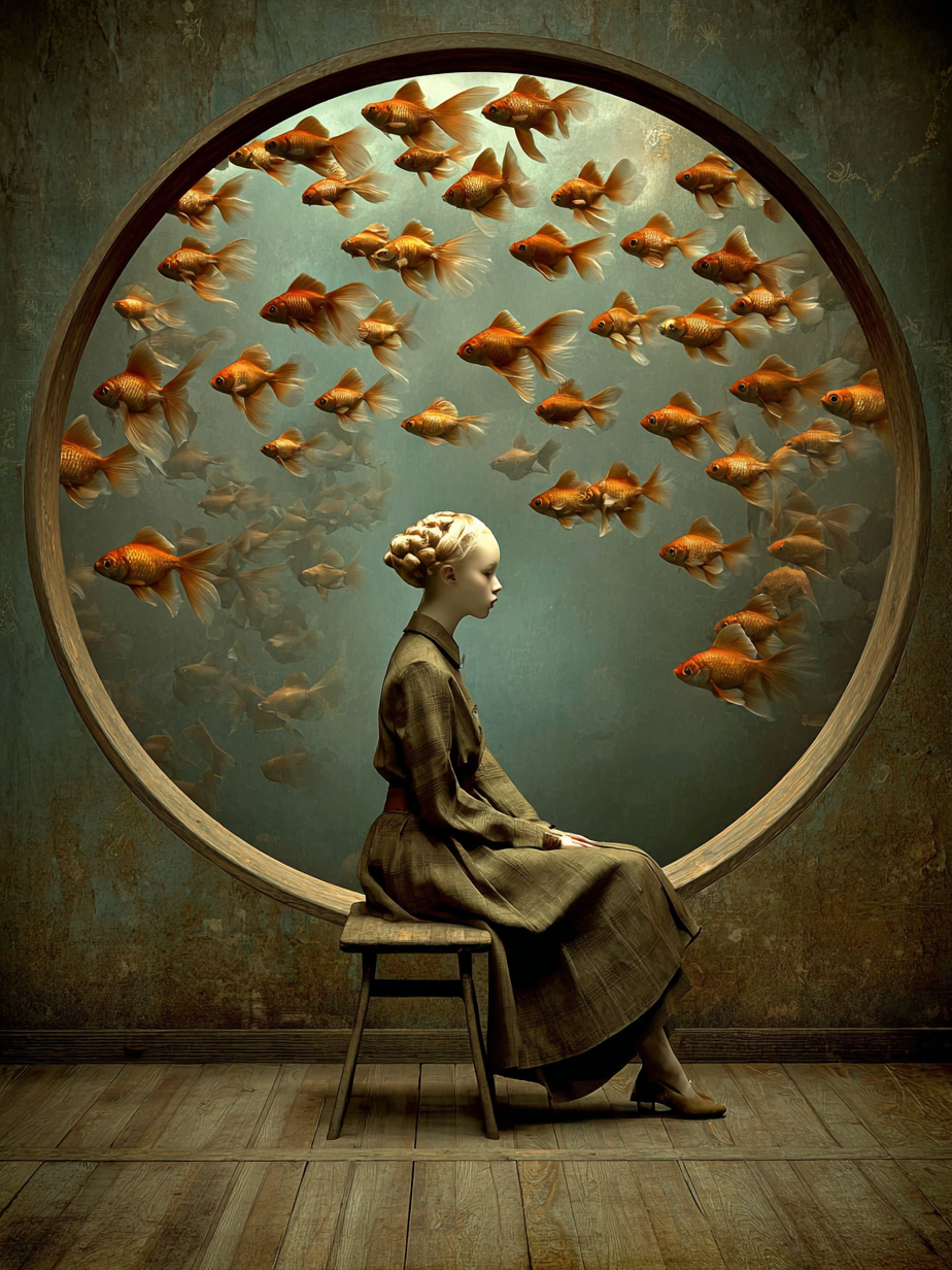 Volledige weergave van Tijdrond met vrouw en zwerm vissen door rond raam