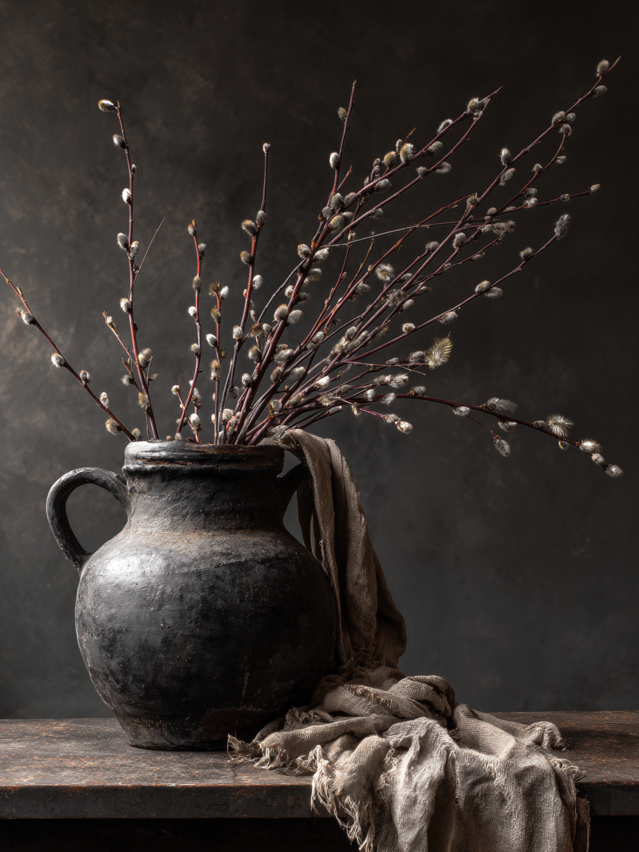Volledig kunstwerk Tijdstilte met stilleven van donkere kruik, takken en linnen tegen rustige achtergrond