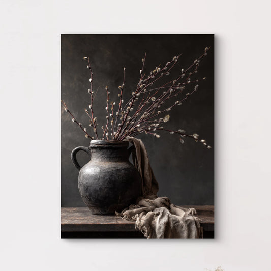 Detailopname van kunstwerk Tijdstilte met verweerde kruik, takken en linnen doek