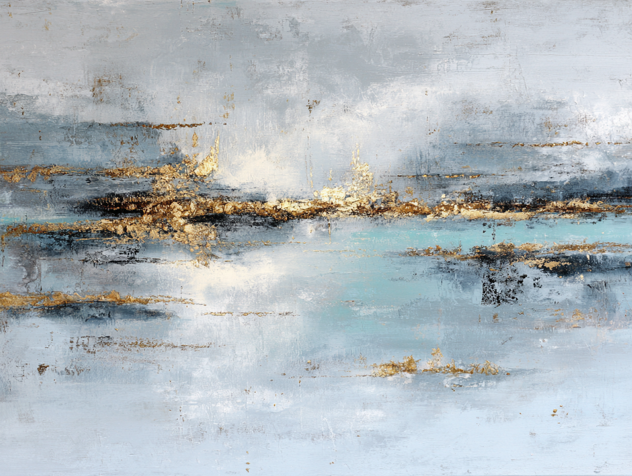 Abstract schilderij in blauw, goud en grijs tinten dat de rust van licht en beweging vastlegt