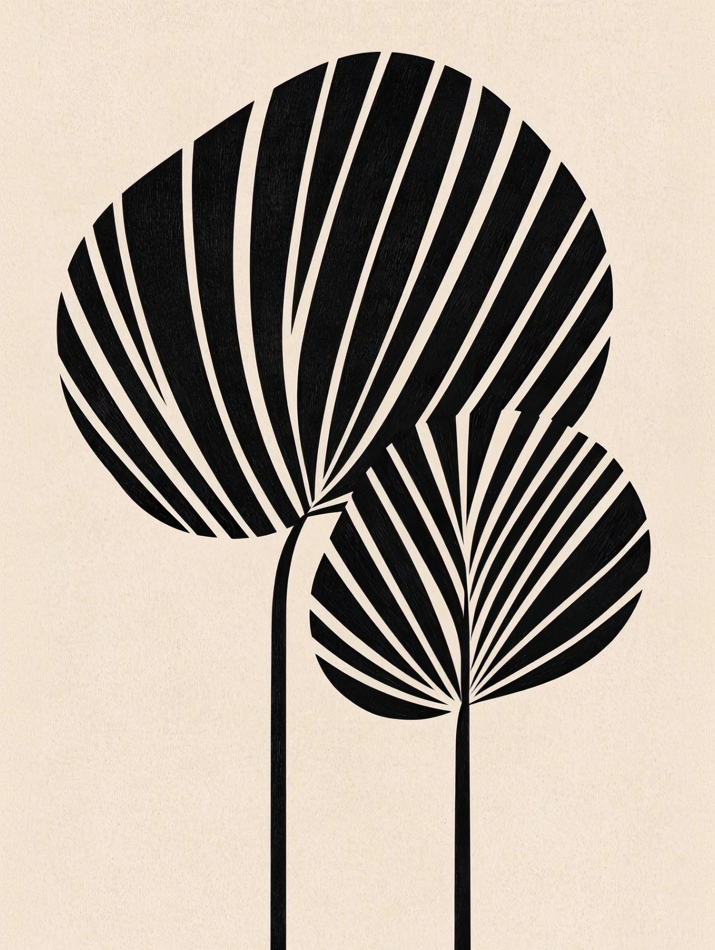 Tropisch minimalistisch kunstwerk met contrastrijke palmbladvormen in zwart en beige