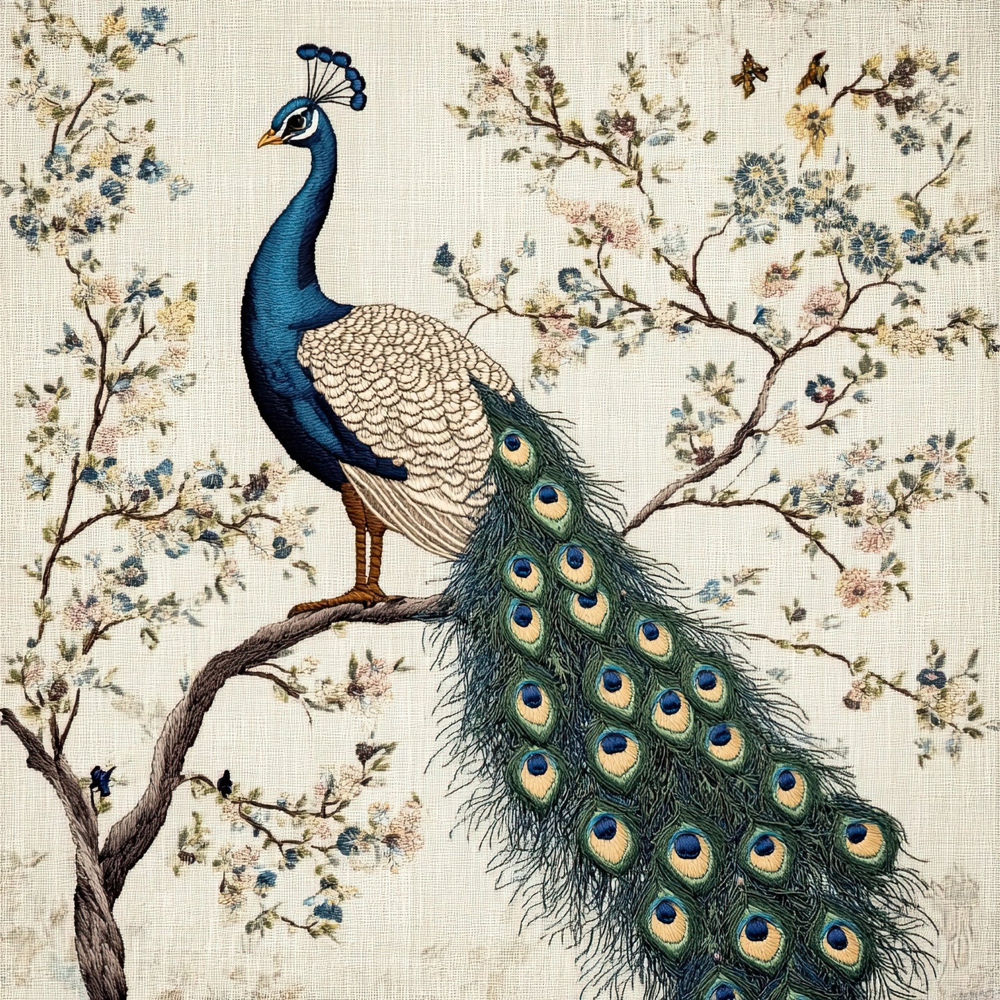 Kunstwerk van pauw zittend op tak met gedetailleerde veren en bloeiende boomtakken