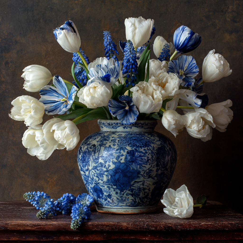 Tulpenpracht, een kunstwerk met een rijk boeket van witte en blauwe tulpen in een porseleinen vaas.