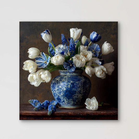 Close-up van Tulpenpracht, met gedetailleerde weergave van witte en blauw getinte tulpen.