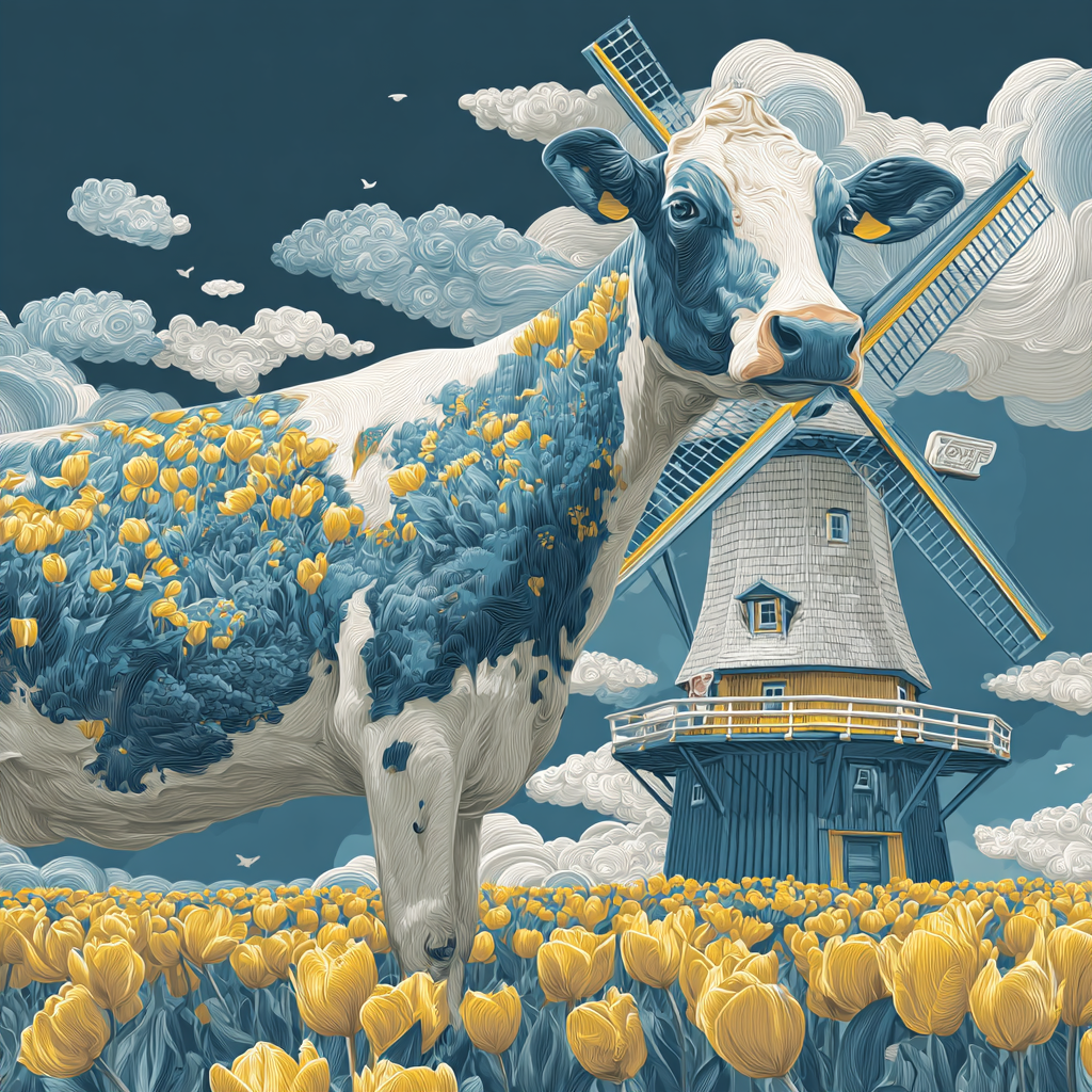Tulpenweide, poëtisch kunstwerk van koe, tulpen en windmolen in Hollandse sfeer