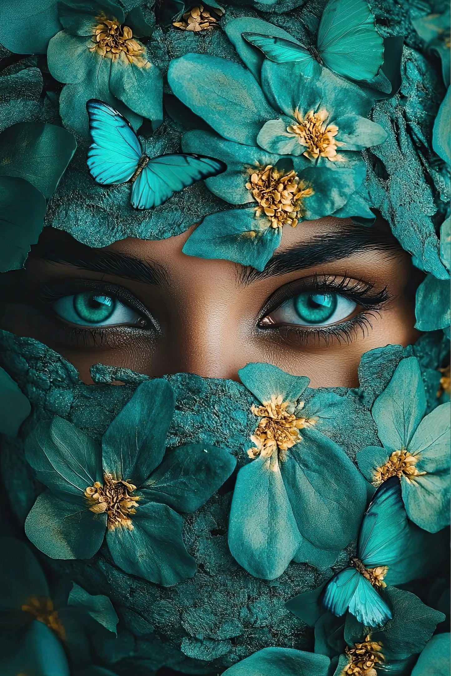 Volledige weergave van Turquoise Geheim, vrouw met bedekt gezicht tussen bloemen in blauwgroene tinten