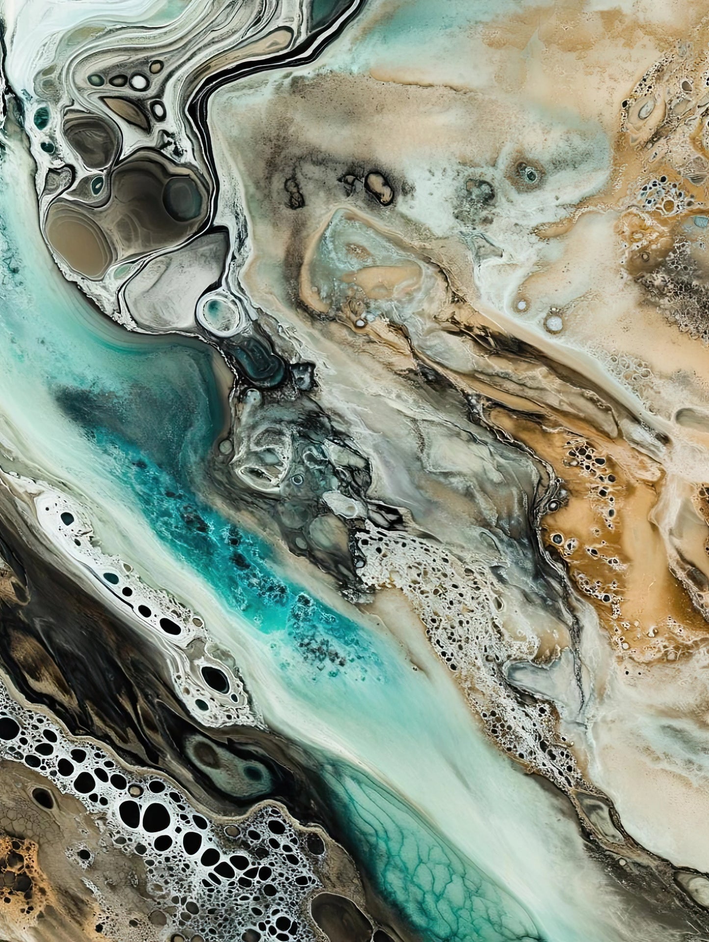 Abstract kunstwerk met stromende vormen in turquoise, beige, zwart en wit