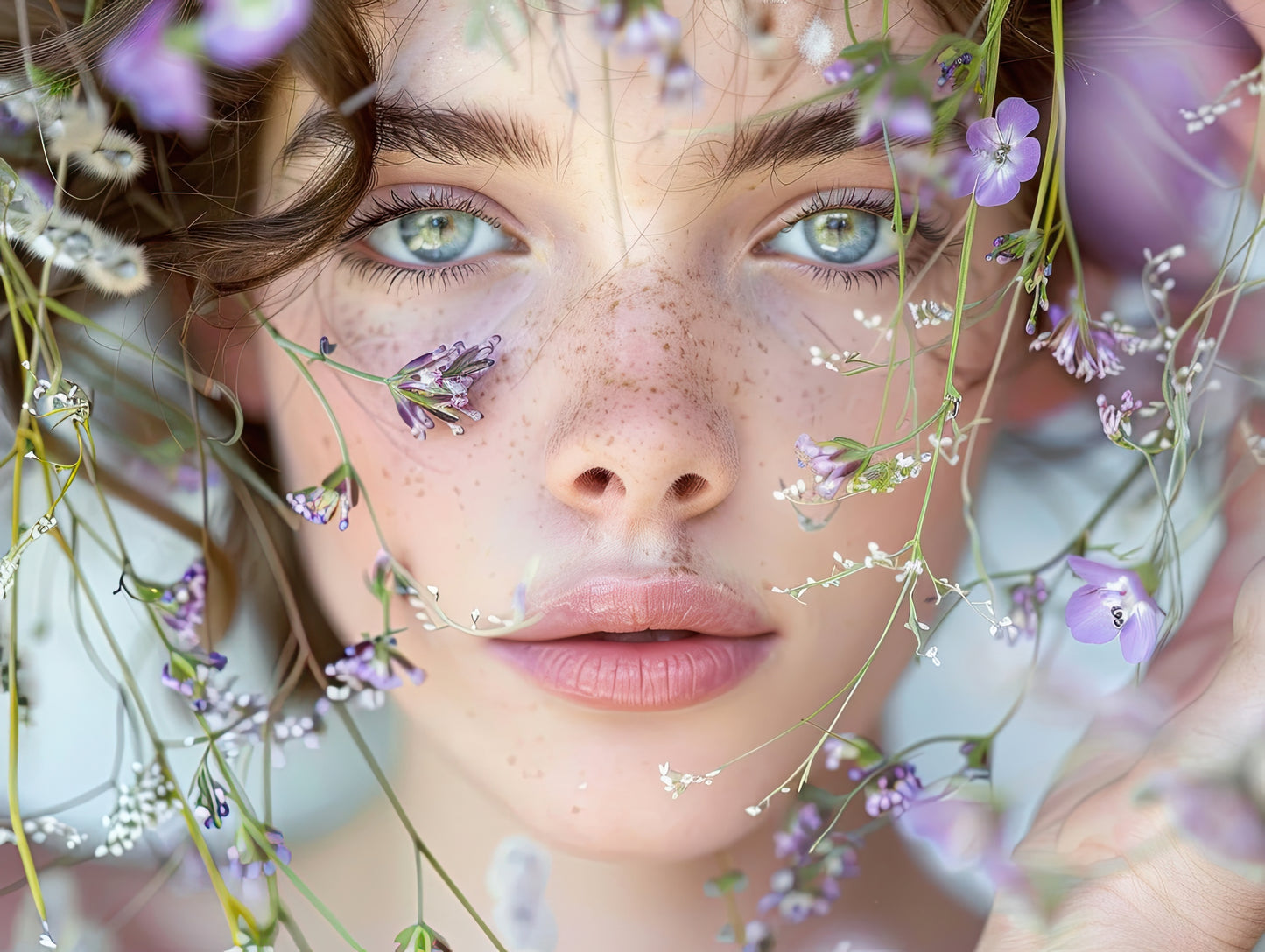 Volledige weergave van Tussen Bloesems en Blik, poëtisch portret van vrouw tussen paarse bloesems en zachte lichtval