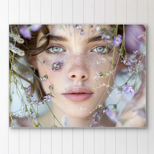 Detail van Tussen Bloesems en Blik met vrouw, sproeten, blauwe ogen en lila bloemen rond haar gezicht