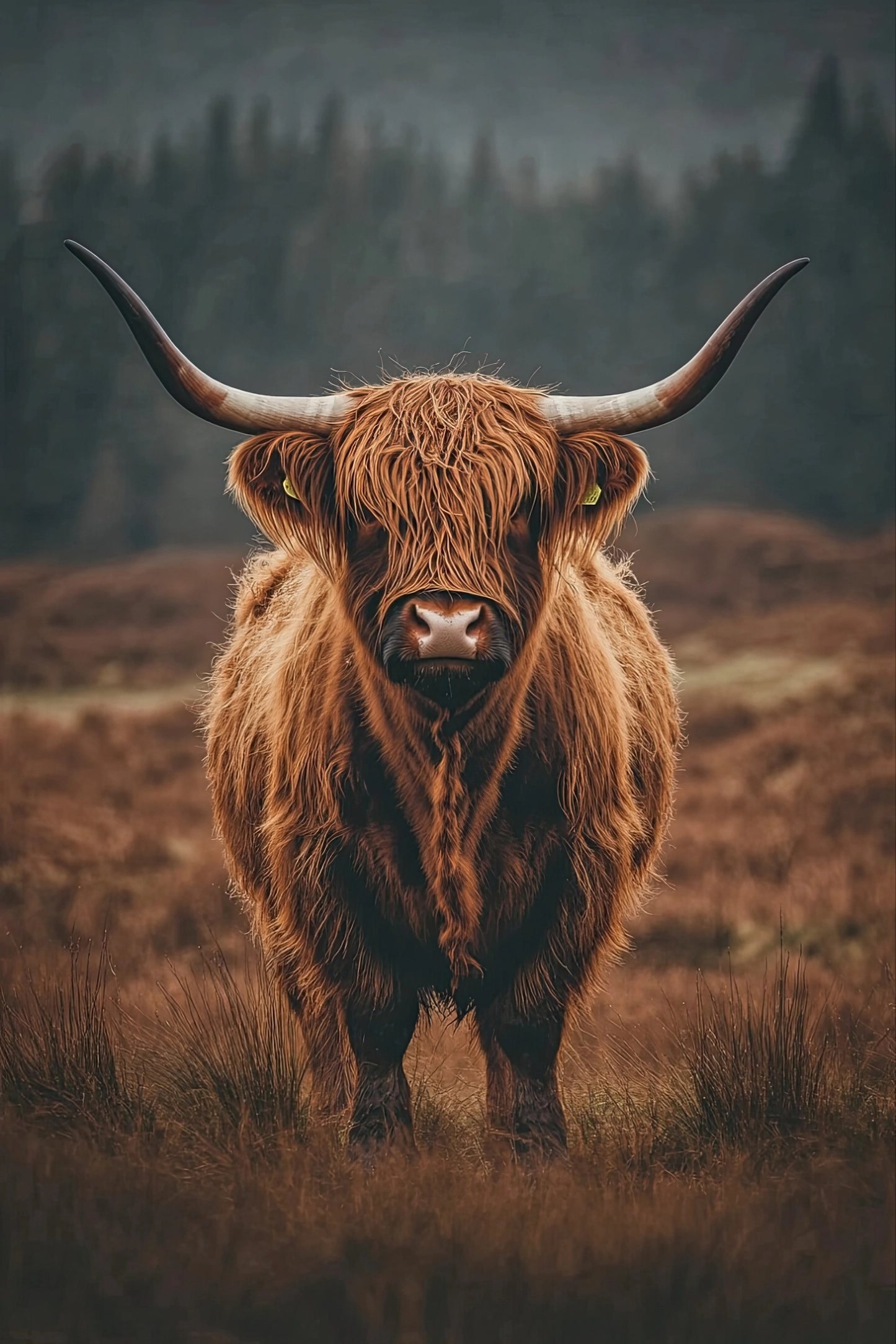Kunstwerk van Schotse hooglander in open veld met donkere bomen en aardetinten
