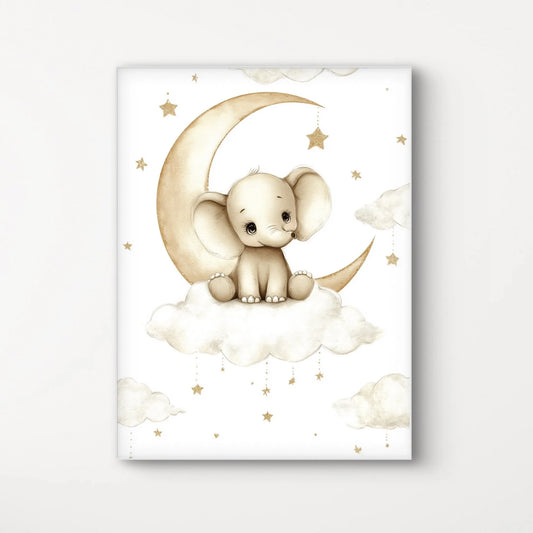 Lieve illustratie van een baby olifant op een wolk met sterren en maan op witte achtergrond