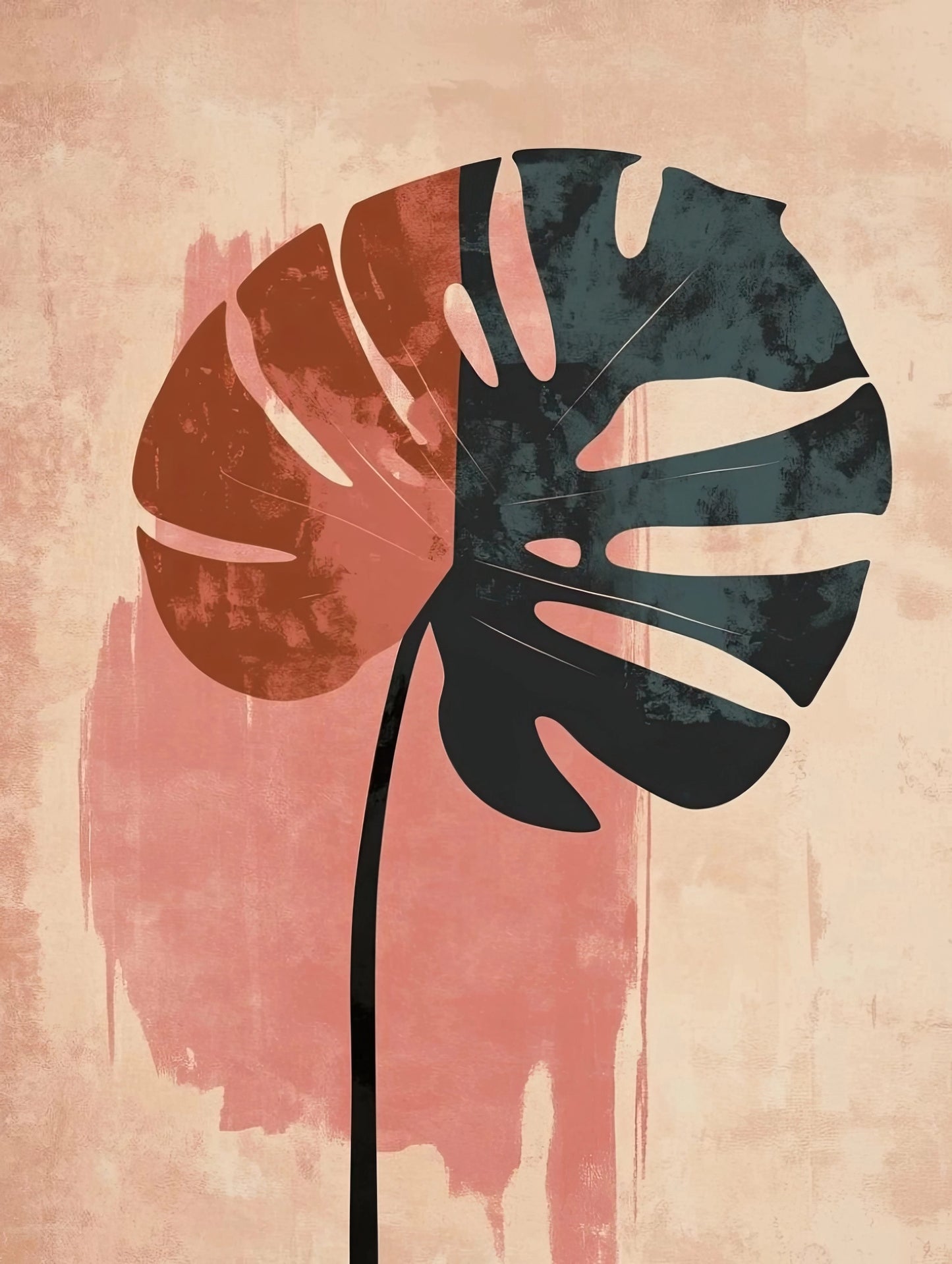 Abstract kunstwerk met zwart monstera blad op verweerde roze-beige achtergrond in minimalistische stijl