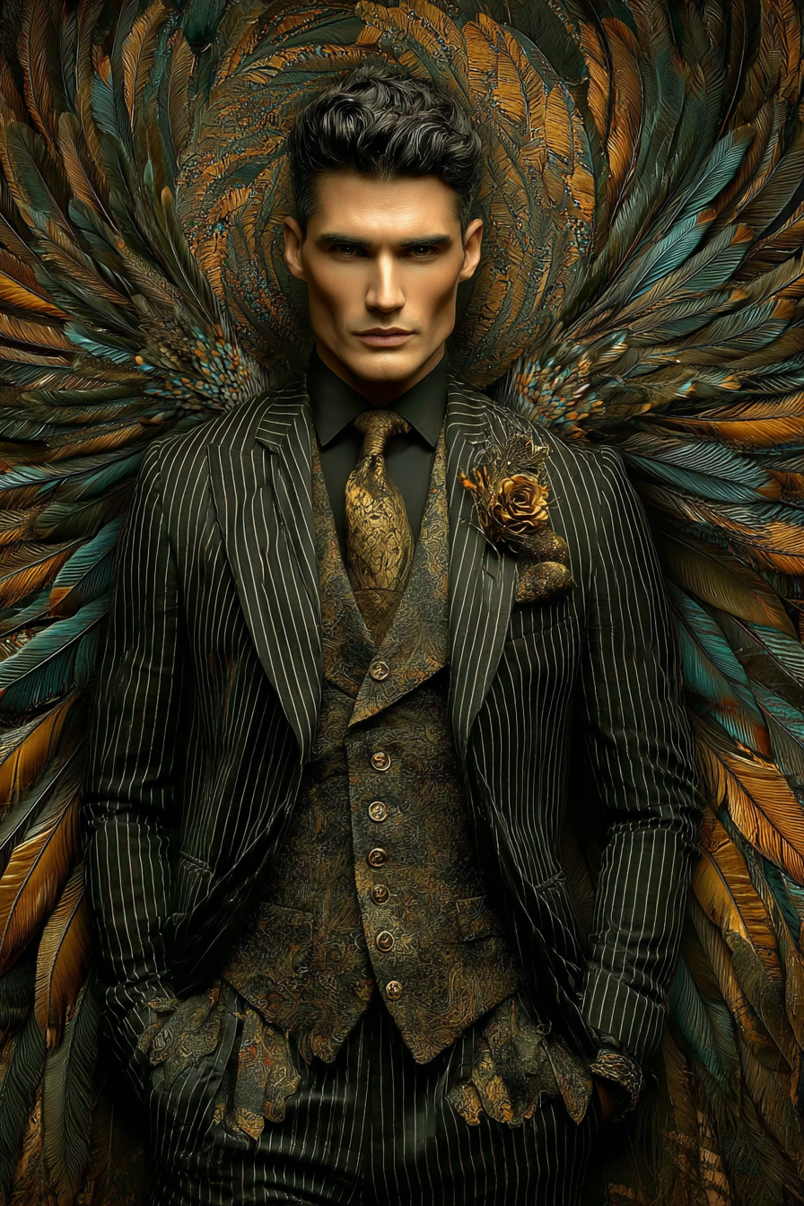 Volledige weergave van Valenor met man in pak en verenkrans in diepe tinten