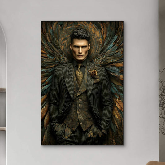 Detail van Valenor met man in kostuum en kleurrijke veren op donkere achtergrond