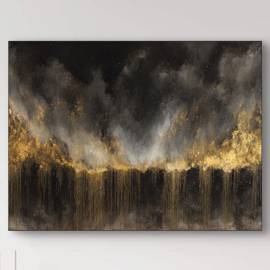 Detail van gouden penseelstreken die neerdalen over donkere achtergrond