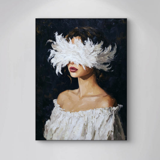 Detail van Veerlicht met vrouw in witte blouse en veren over haar ogen