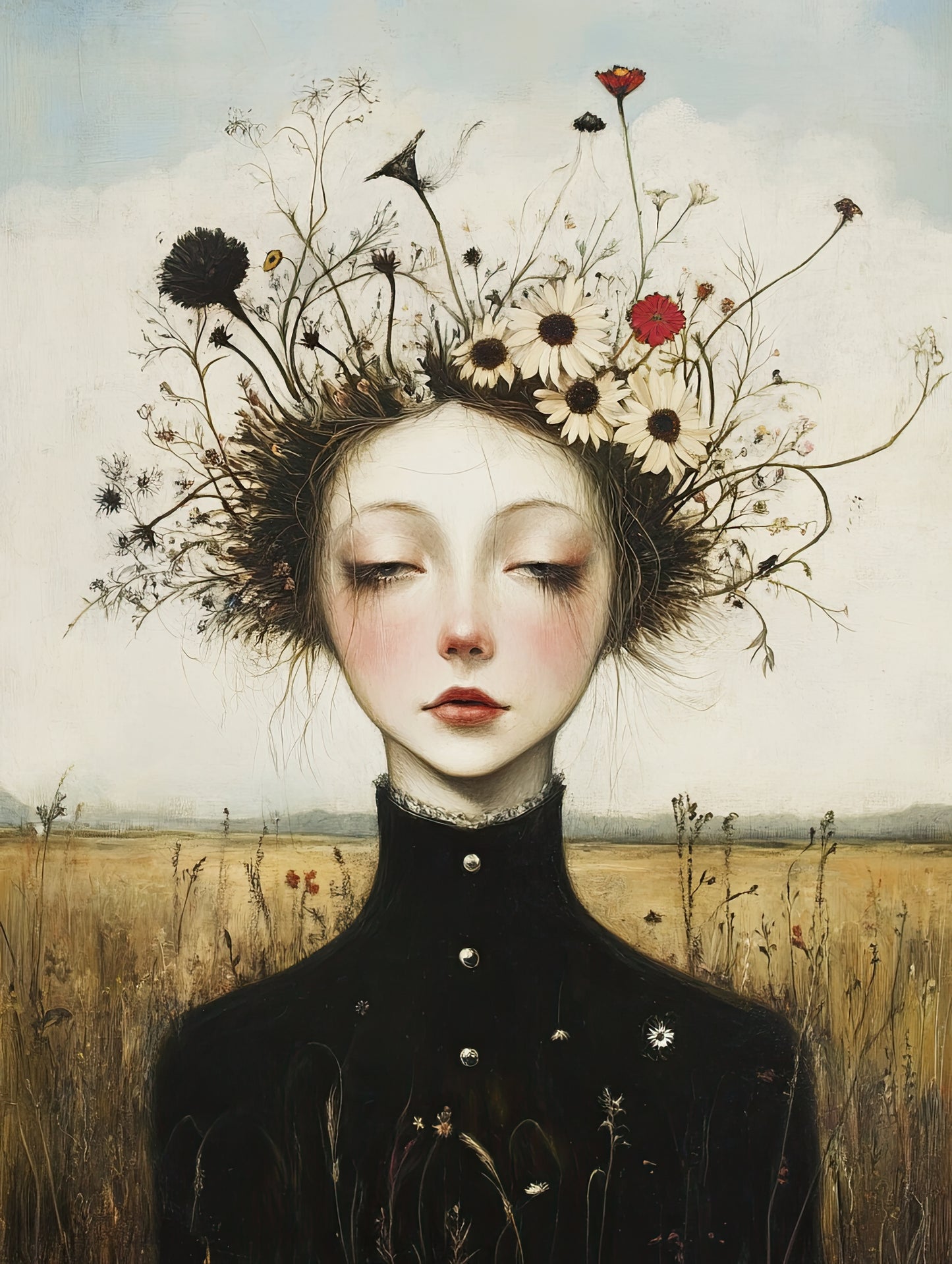 Volledige weergave van Veldstilte, poëtisch portret van vrouw in veld met bloemkroon en serene blik