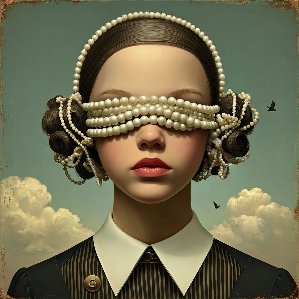 Volledige weergave van Veloria, portretkunst met parels en kalme elegantie