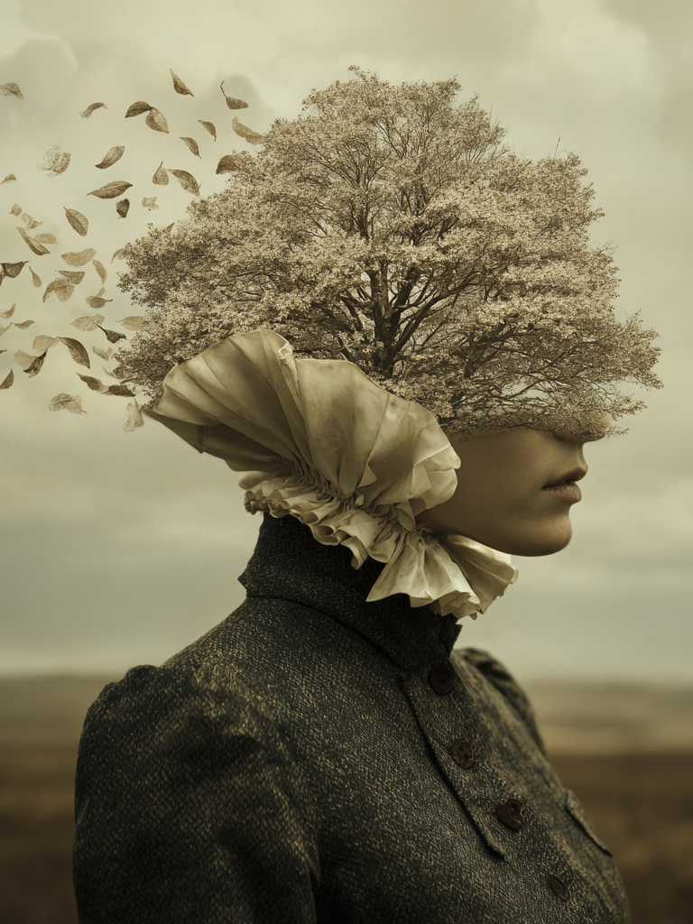 Volledige weergave van Verbladeren met vrouw, boom en vallende bladeren in warme tinten