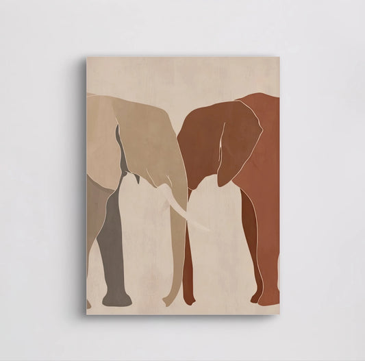 Detail van abstracte olifanten in roestbruin en zandkleur, met de slurven liefdevol tegen elkaar aan