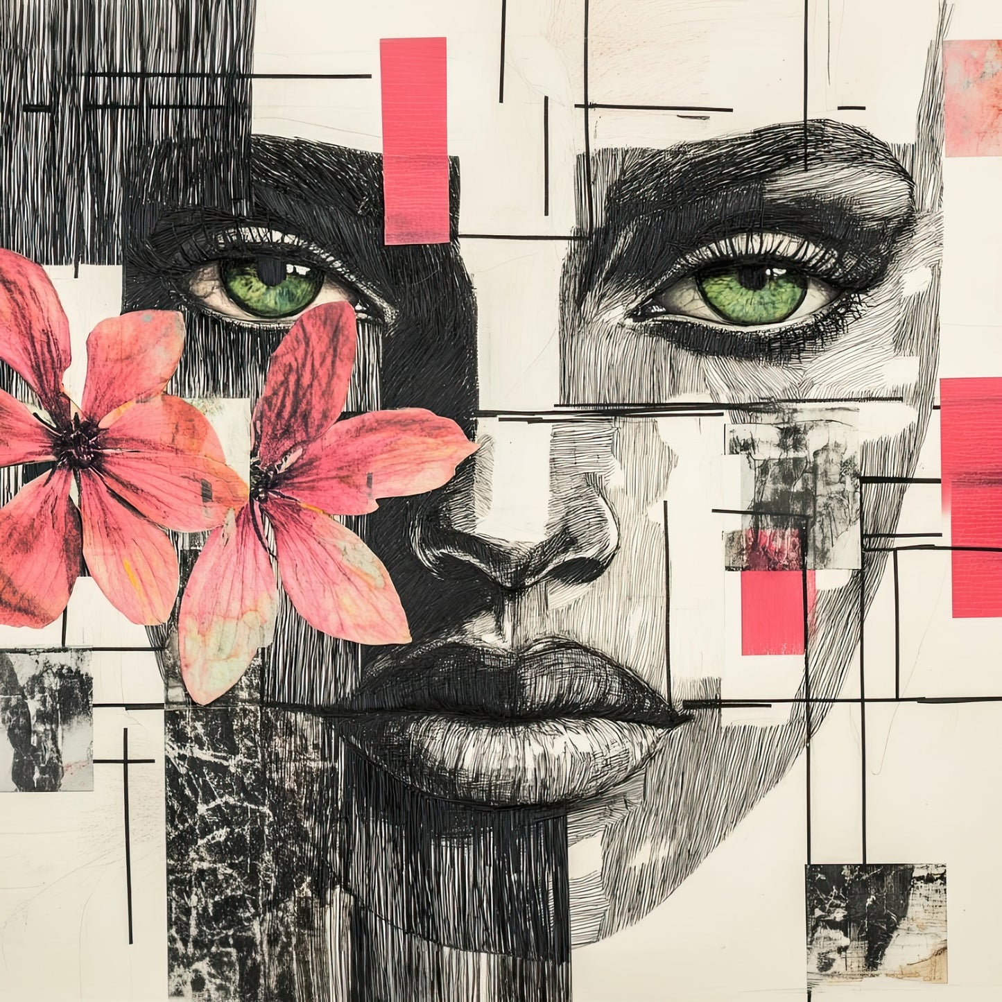 Volledige weergave van Verborgen Lijnenspel, portret van vrouw in zwart wit met kleuraccenten en geometrisch lijnenspel